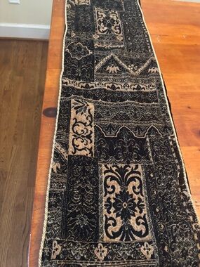 Vintage Black Gold Jacquard Brocade Table Runner Turkey 85x13 Reversible Tassel